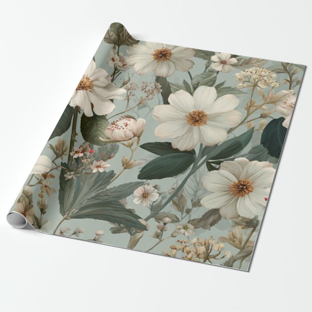 Rustik vit grön botanisk vintage boho blommig presentpapper (Utrullad)