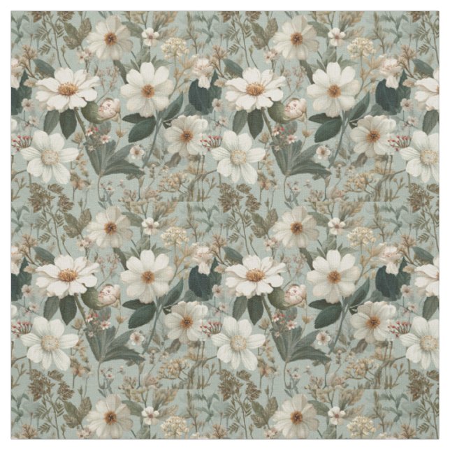 Rustik vit grön botanisk vintage boho blommig tyg (Provkarta)