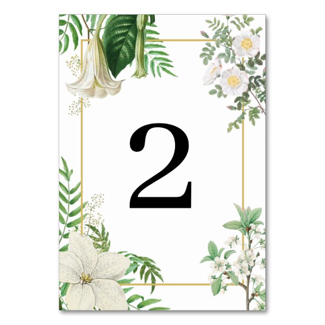 Rustik vit Grönt Vattenfärg Blommigt Guld Bröllop Bordsnummer (Framsidan)
