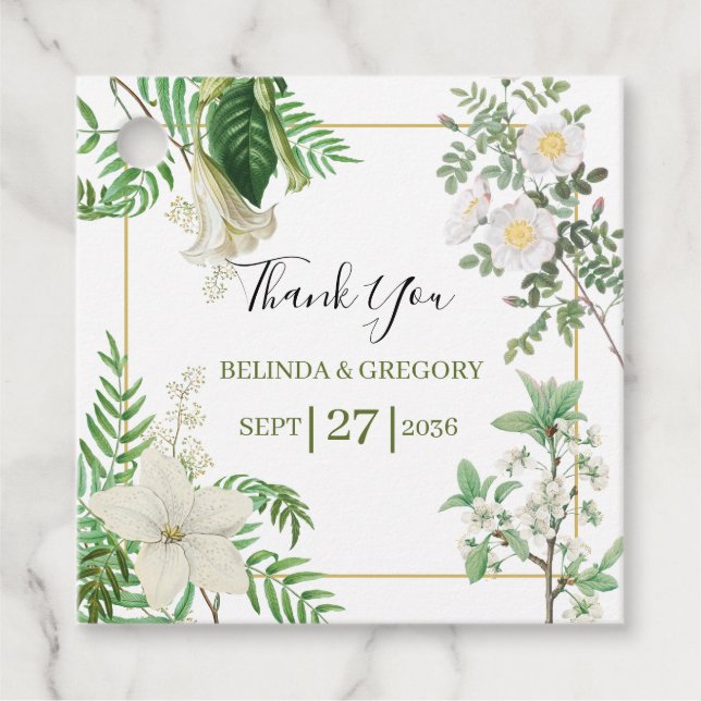 Rustik vit Grönt Vattenfärg Blommigt Guld Bröllop Gåvor Etiketter (Framsida)