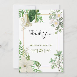 Rustik vit Grönt Vattenfärg Blommigt Guld Bröllop Tack Kort