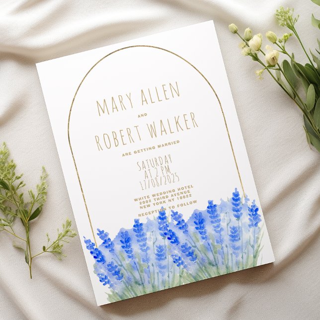 Rustik vit guld lavendelblå blombröllop inbjudningar (Rustic white gold lavender blue floral wedding)
