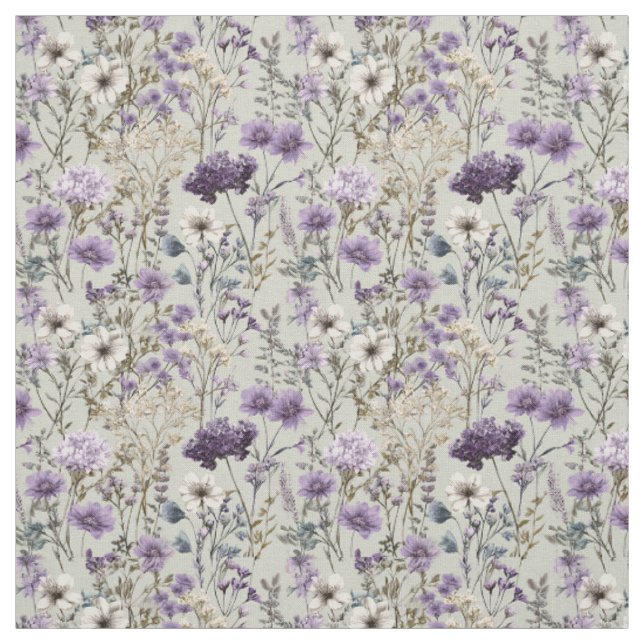 Rustik vit lila botanisk vintage blommig tyg (Provkarta)