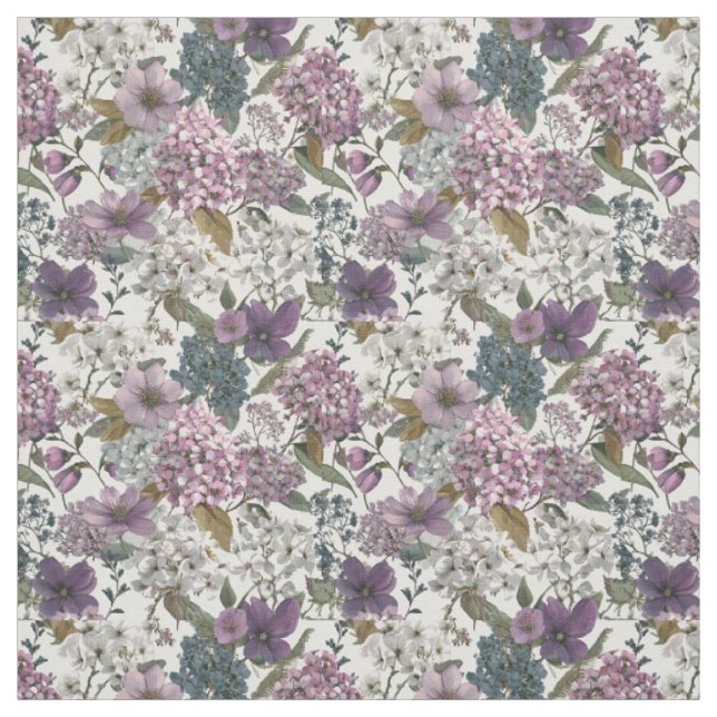 Rustik vit lila botanisk vintage blommig tyg (Provkarta)