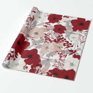 Rustik vit röd botanisk pastell vintage blommig presentpapper