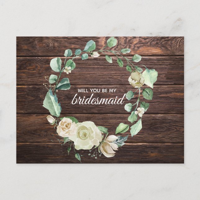 Rustik vit ros trä vattenfärg bröllop inbjudan vykort (Framsida)