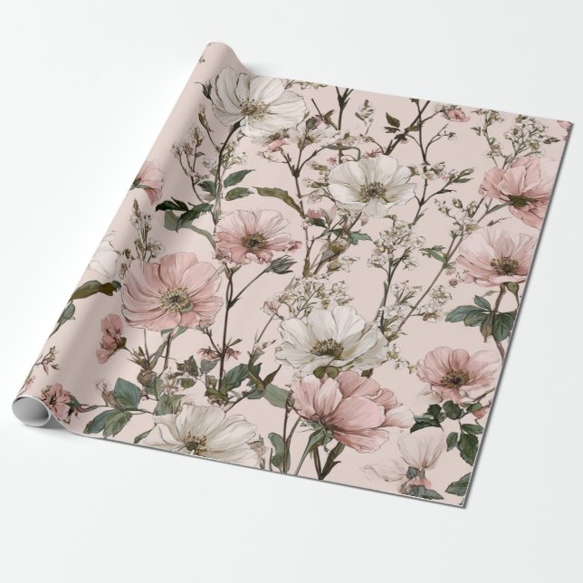 Rustik vit rosa botanisk pastell vintage blommig presentpapper (Utrullad)