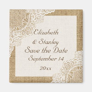 Rustik vit spets på jute bröllop Save the Date Magnet