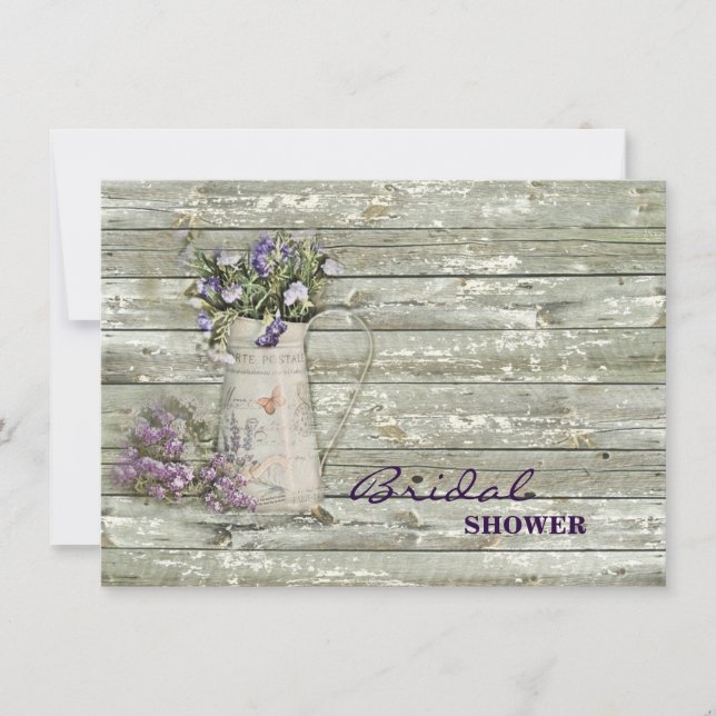 Rustik vitewaserad träbondlavender inbjudningar (Framsida)