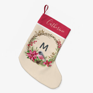 Rustik Wandedräkt Poinsetta Bird Berries Monogram Liten Julstrumpa