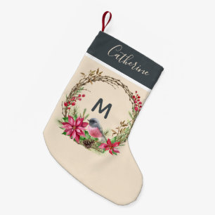 Rustik Wandedräkt Poinsetta Bird Berries Monogram Liten Julstrumpa