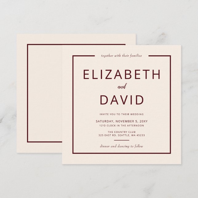 Rustik Warm Burgundy Modern minimalist Bröllop Inbjudningar (Fram/baksida)