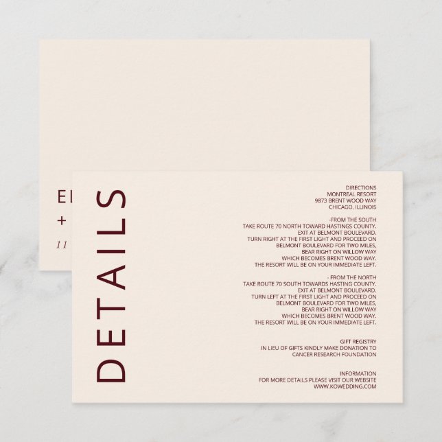 Rustik Warm Burgundy Modern minimalist Bröllop Tilläggskort (Fram/baksida)