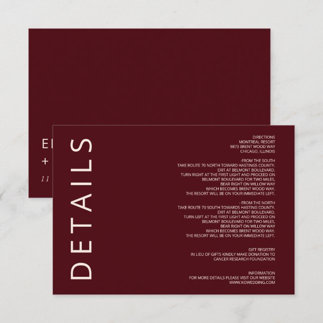 Rustik Warm Burgundy Modern minimalist Bröllop Tilläggskort (Fram/baksida)