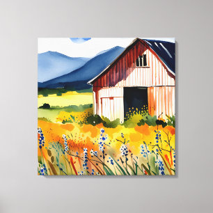 Rustik Watercolor Barn Flower Fält Canvastryck
