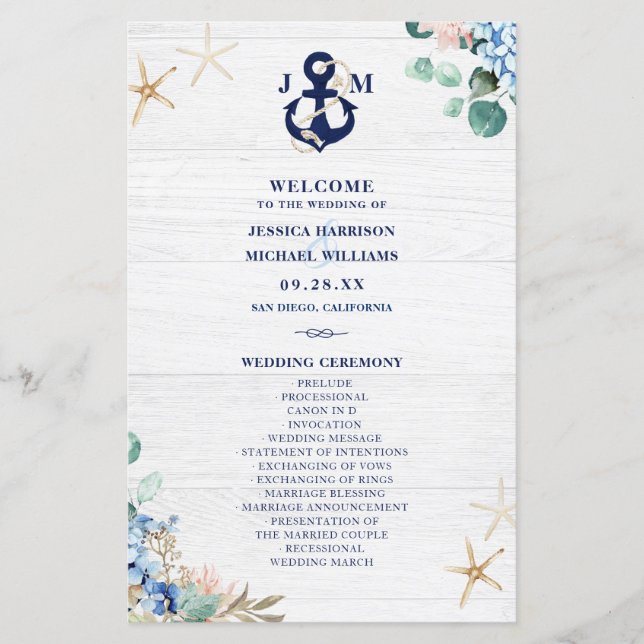Rustik Watercolor Blommigt Beach Wedding Program (Framsida)