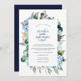 Rustik Watercolor Blommigt Hydrangea Navy Bröllop Inbjudningar