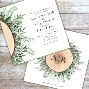 Rustik Watercolor Blommigt Wood Monogrammed Bröllo Inbjudningar
