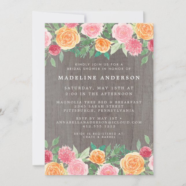 Rustik Watercolor Blommigt Wood Photo Möhippa Inbjudningar (Framsida)