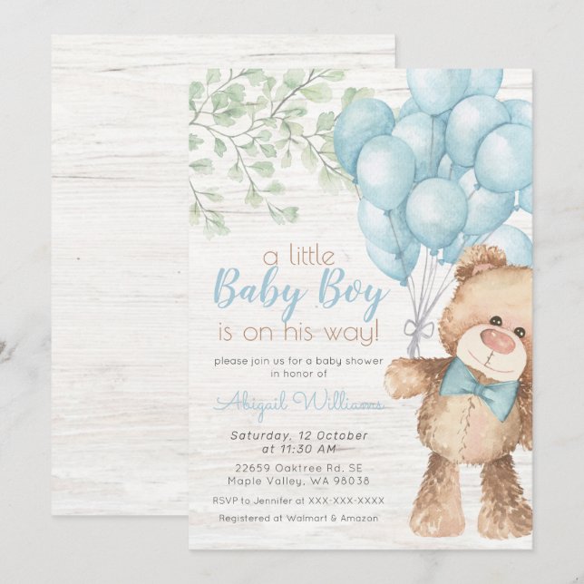 Rustik Watercolor Blue Bear Boy Shower Inbjudningar (Fram/baksida)