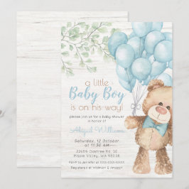 Rustik Watercolor Blue Bear Boy Shower Inbjudningar