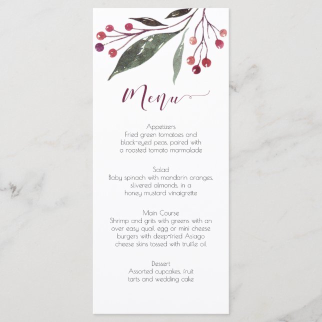Rustik Watercolor Burgundy Greenery Menu-kort Meny (Framsida)