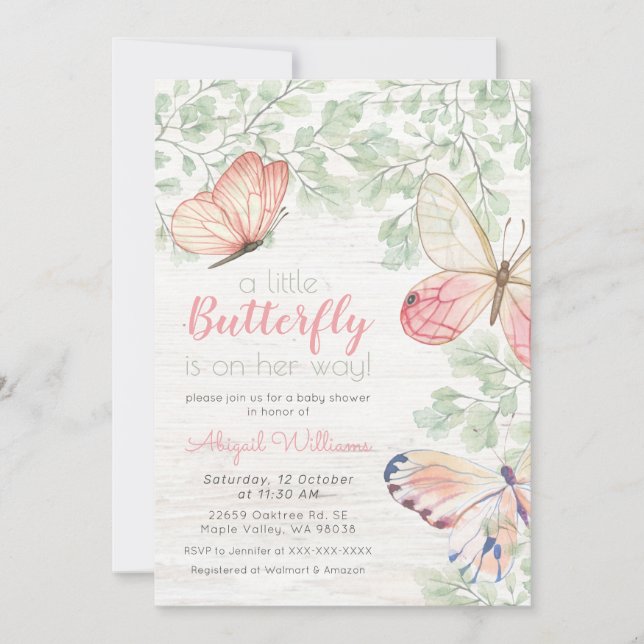 Rustik Watercolor Butterflies Girl Baby Shower Inbjudningar (Framsida)