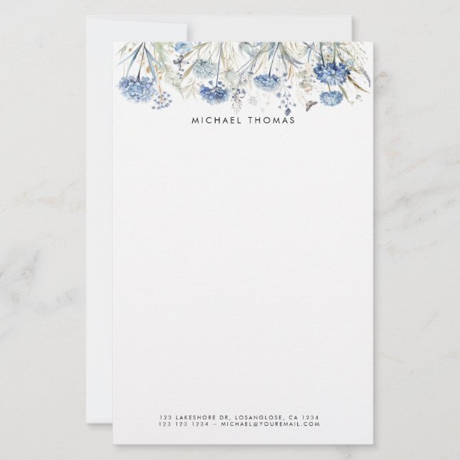 Rustik Watercolor Dusty Blue Hydrangeas Blommigt Brevpapper (Framsida)