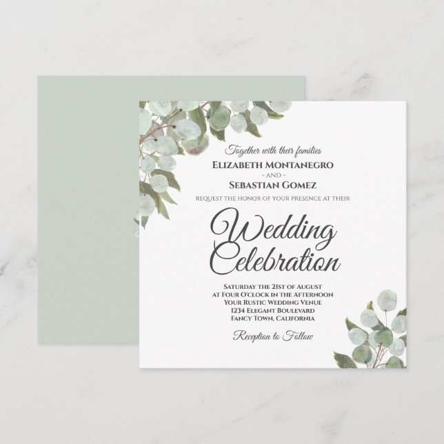 Rustik Watercolor Eucalyptus Elegant bröllop Inbjudningar (Fram/baksida)