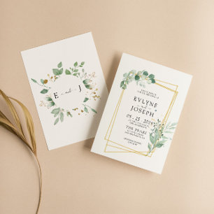 Rustik Watercolor Eucalyptus Guld Ram Bröllop Inbjudningar