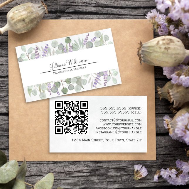 Rustik Watercolor Eucalyptus och Lavender QR Code Visitkort (Front/Back)