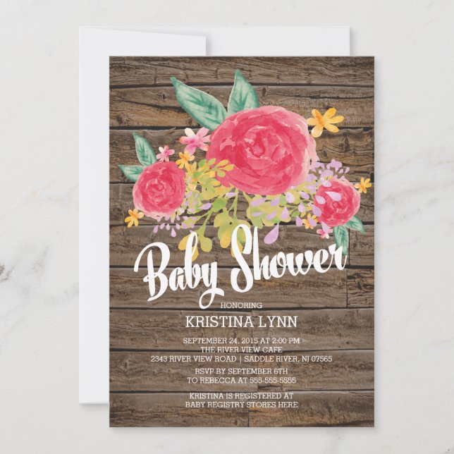 Rustik Watercolor Flowers Girls Baby Shower Inbjudningar (Framsida)