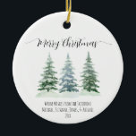 Rustik Watercolor Gräs Träd Photo Back-jul Julgransprydnad Keramik<br><div class="desc">Den här vackra helgdag har en enkel utformning av eleganten med tre snö-täckta vattenfärgsfärger gräs,  grus eller träd och elegant-skript med text som läser God jul. Det finns plats för en anteckning/namnteckning i kort med fotot på baksidan. Underbart sätt att skicka årstidshälsningar eller skapa ett årligt keepsakemento.</div>