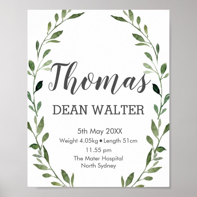 Rustik Watercolor Greenery Birth Stats Wall Art Poster (Framsidan)