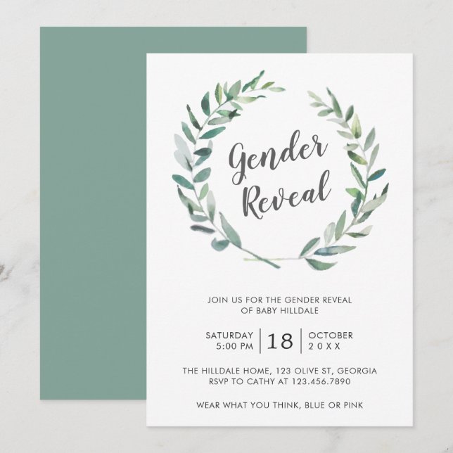 Rustik Watercolor Greenery Wandeine Gender Reveal Inbjudningar (Fram/baksida)