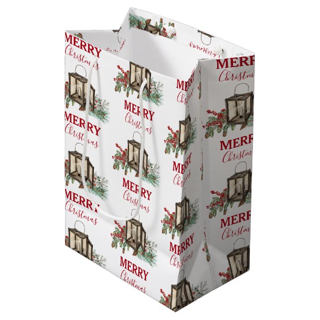 Rustik Watercolor jul Lantern Gräs Berries (Framsidan Vinklad)