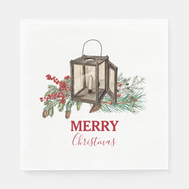 Rustik Watercolor jul Lantern Gräs Berries Pappersservett (Framsidan)