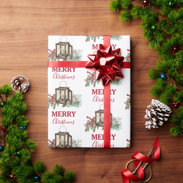 Rustik Watercolor jul Lantern Gräs Berries Presentpapper (Julgåva)