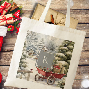 Rustik Watercolor Julgranar Monogram Tygkasse