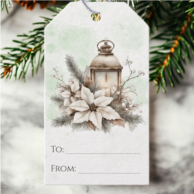 Rustik Watercolor Lantern och Gräs-julen Presentetikett (Skapare uppladdad)
