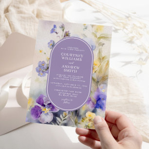 Rustik Watercolor Lila & Gula blommor Bröllop Inbjudningar