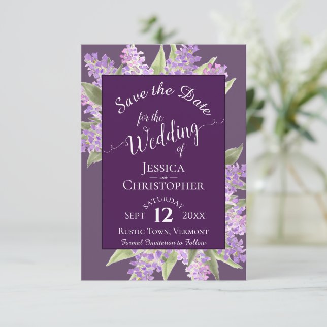 Rustik Watercolor Lilacs Calligraphy Plum Bröllop Spara Datumet (Stående Fram)