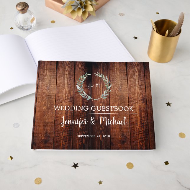 Rustik Watercolor löv mörk lada wood Bröllop Gästböcker (Framsida Öppen)