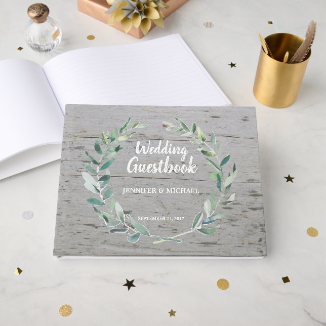 Rustik Watercolor löv wood Bröllop Gästböcker (Framsida Öppen)