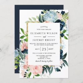 Rustik Watercolor Navy Guld Blommigt Bröllop Inbjudningar