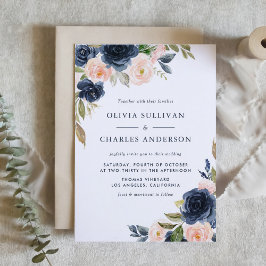 Rustik Watercolor och Navy Flowers Bröllop Inbjudningar