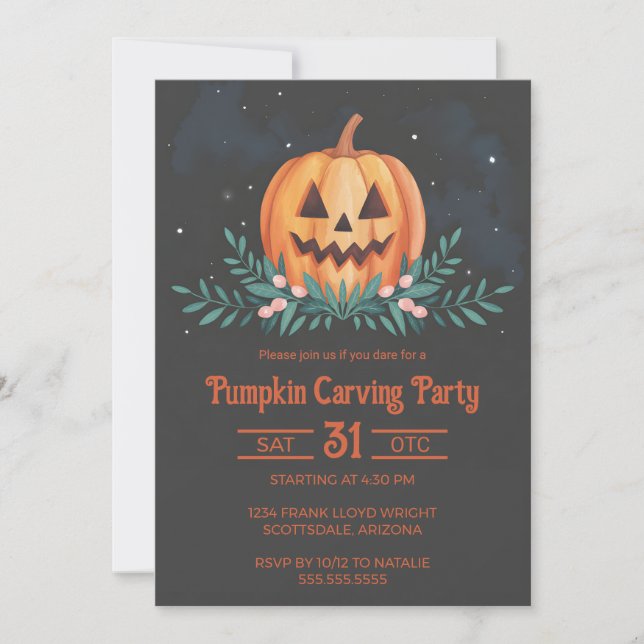 Rustik Watercolor Pumpkin Carving Party Halloween Inbjudningar (Framsida)