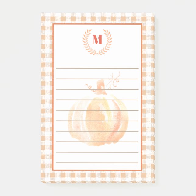 Rustik Watercolor Pumpkin & Play | Monogram Post-it Block (Framsida)