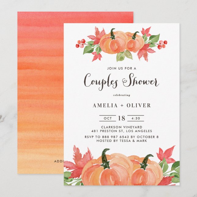 Rustik Watercolor Pumpkins Autumn Par Shower Inbjudningar (Fram/baksida)