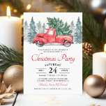 Rustik Watercolor Red Lastbil jul Party Inbjudningar<br><div class="desc">Vinterinbjudningar till Rustic christmas-temapartyet med en enkel vit bakgrund,  vattenfärgad gryta träd,  en vintage röd lastbil,  en julafton träd och en traditionell party-mall som är lätt att anpassa.</div>